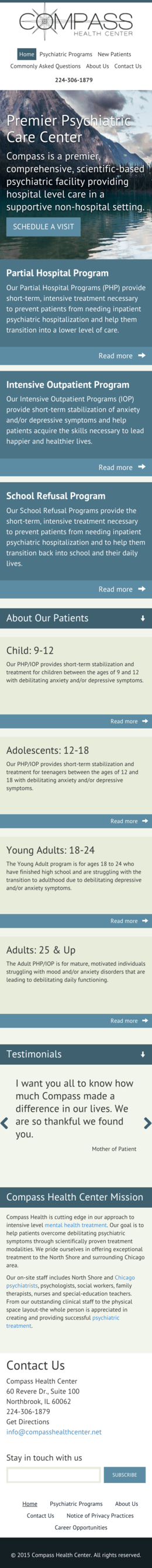 Mobile view of Compass Health Center website.