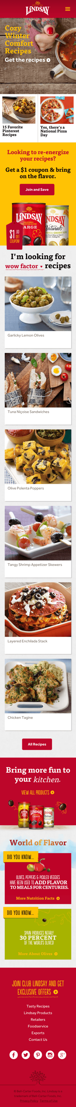 Mobile view of Lindsay Olives website.